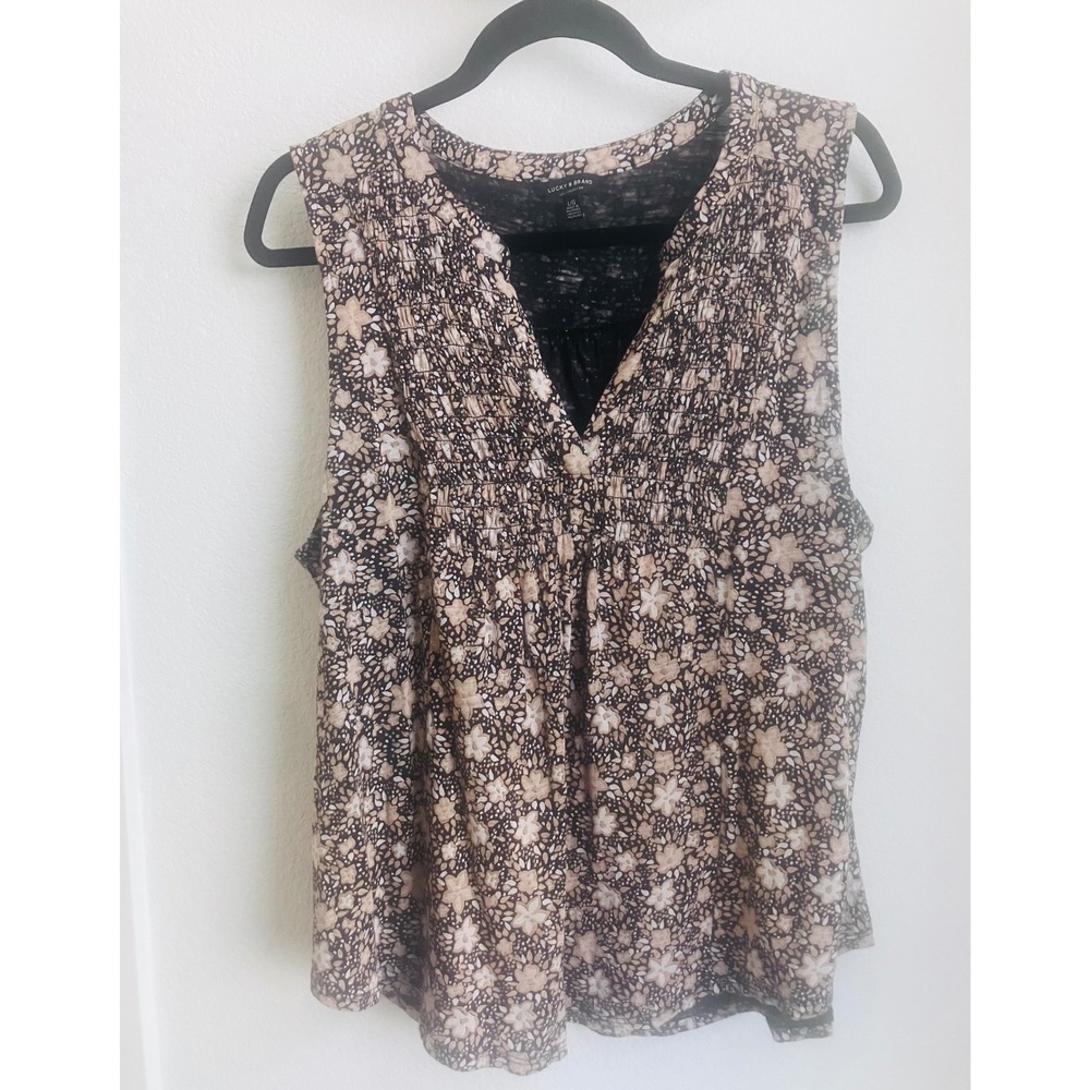 Lucky Brand Women Top L Black Floral Smocked V-Neck Sleeveless Boho Tank